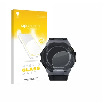 Parte frontal de un envase de producto con el logotipo de la marca upscreen. Al lado se muestra el dispositivo Casio G-Shock G