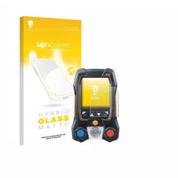 Parte frontal de un envase de producto con el logotipo de la marca upscreen. Al lado se muestra el dispositivo Testo 550s con 