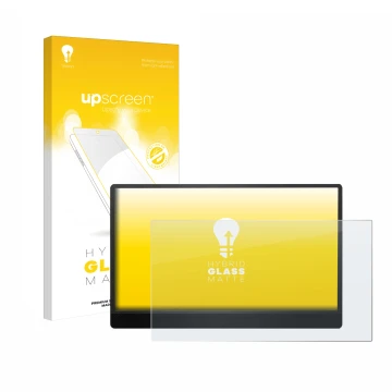 Parte frontal de un envase de producto con el logotipo de la marca upscreen. Al lado se muestra el dispositivo MSI Pro MP161 E