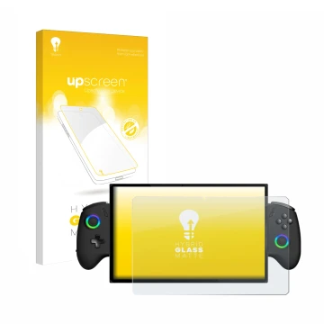 Parte frontal de un envase de producto con el logotipo de la marca upscreen. Al lado se muestra el dispositivo OneXPlayer X1 c