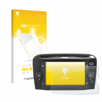 Parte frontal de un envase de producto con el logotipo de la marca upscreen. Al lado se muestra el dispositivo Lancia Ypsilon 