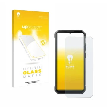 Parte frontal de un envase de producto con el logotipo de la marca upscreen. Al lado se muestra el dispositivo Fossibot F105 c