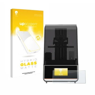 Parte frontal de un envase de producto con el logotipo de la marca upscreen. Al lado se muestra el dispositivo Anycubic Photon