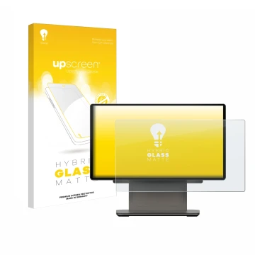 Parte frontal de un envase de producto con el logotipo de la marca upscreen. Al lado se muestra el dispositivo Sunmi D3 PRO co