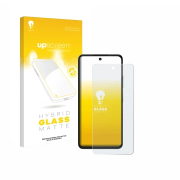 Parte frontal de un envase de producto con el logotipo de la marca upscreen. Al lado se muestra el dispositivo ZTE Blade V60 V