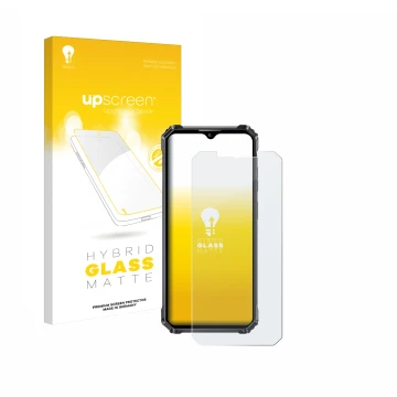 Parte frontal de un envase de producto con el logotipo de la marca upscreen. Al lado se muestra el dispositivo Oukitel WP28 S 