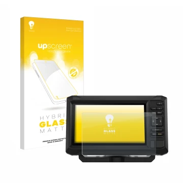 Parte frontal de un envase de producto con el logotipo de la marca upscreen. Al lado se muestra el dispositivo Garmin ECHOMAP 
