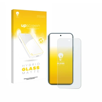 Parte frontal de un envase de producto con el logotipo de la marca upscreen. Al lado se muestra el dispositivo Google Pixel 9 