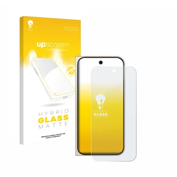 Parte frontal de un envase de producto con el logotipo de la marca upscreen. Al lado se muestra el dispositivo Google Pixel 9 
