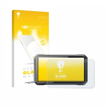 Parte frontal de un envase de producto con el logotipo de la marca upscreen. Al lado se muestra el dispositivo Ricoel Motorcyc