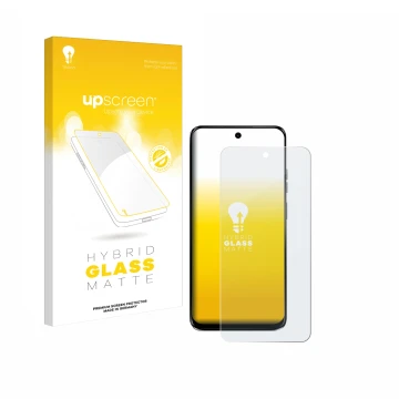 Parte frontal de un envase de producto con el logotipo de la marca upscreen. Al lado se muestra el dispositivo Motorola G34 5G
