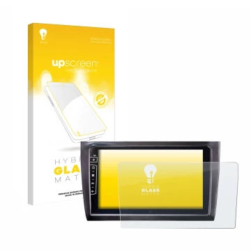 Parte frontal de un envase de producto con el logotipo de la marca upscreen. Al lado se muestra el dispositivo Dynavin D9-DF56