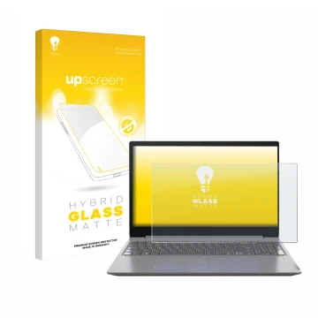 Parte frontal de un envase de producto con el logotipo de la marca upscreen. Al lado se muestra el dispositivo Lenovo 15.6