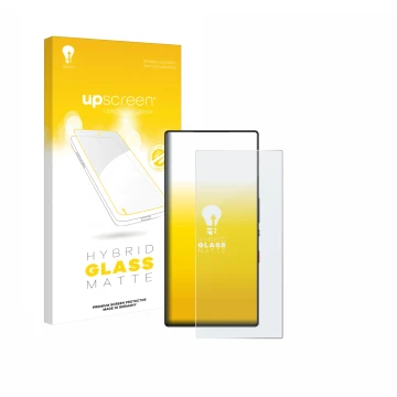 Parte frontal de un envase de producto con el logotipo de la marca upscreen. Al lado se muestra el dispositivo ZTE Nubia Red M