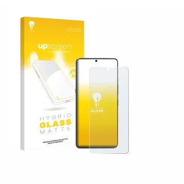 Parte frontal de un envase de producto con el logotipo de la marca upscreen. Al lado se muestra el dispositivo Cubot Max 5 con