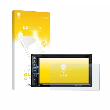 Parte frontal de un envase de producto con el logotipo de la marca upscreen. Al lado se muestra el dispositivo Alpine INE-W611