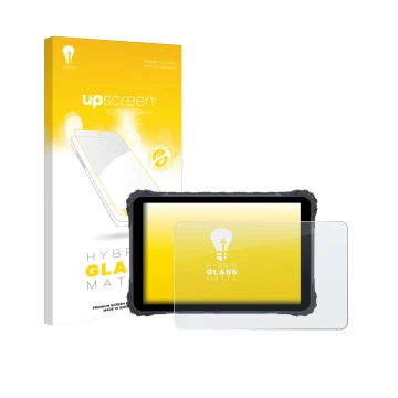 Parte frontal de un envase de producto con el logotipo de la marca upscreen. Al lado se muestra el dispositivo Topicon MDT865 