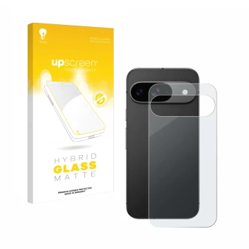 Parte frontal de un envase de producto con el logotipo de la marca upscreen. Al lado se muestra el dispositivo Google Pixel 9 