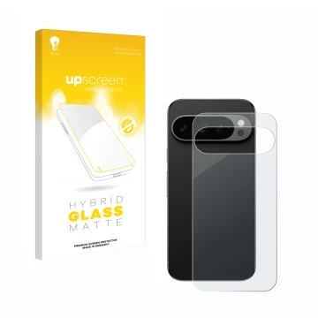 Parte frontal de un envase de producto con el logotipo de la marca upscreen. Al lado se muestra el dispositivo Google Pixel 9 