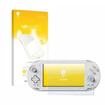 Parte frontal de un envase de producto con el logotipo de la marca upscreen. Al lado se muestra el dispositivo AYN Odin 2 Mini