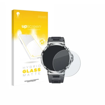 Parte frontal de un envase de producto con el logotipo de la marca upscreen. Al lado se muestra el dispositivo Smartwatch V69 