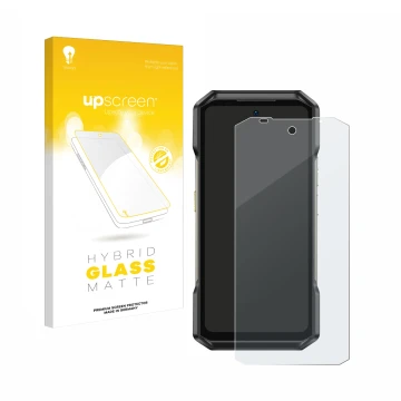 Parte frontal de un envase de producto con el logotipo de la marca upscreen. Al lado se muestra el dispositivo Ulefone Armor 2