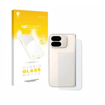 Parte frontal de un envase de producto con el logotipo de la marca upscreen. Al lado se muestra el dispositivo Google Pixel 9 