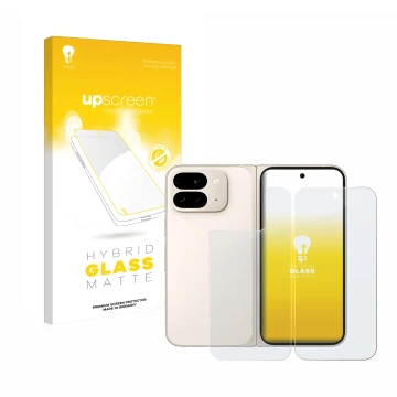 Parte frontal de un envase de producto con el logotipo de la marca upscreen. Al lado se muestra el dispositivo Google Pixel 9 