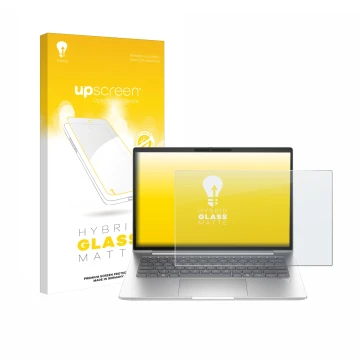 Parte frontal de un envase de producto con el logotipo de la marca upscreen. Al lado se muestra el dispositivo HP ProBook 440 