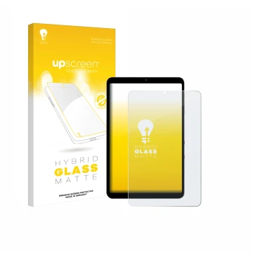 Parte frontal de un envase de producto con el logotipo de la marca upscreen. Al lado se muestra el dispositivo Alldocube iPlay