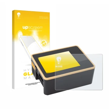 Parte frontal de un envase de producto con el logotipo de la marca upscreen. Al lado se muestra el dispositivo Junsi iCharger 