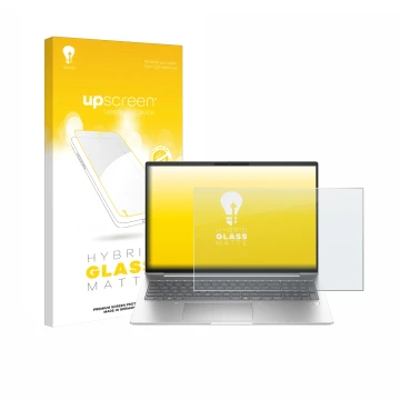 Parte frontal de un envase de producto con el logotipo de la marca upscreen. Al lado se muestra el dispositivo HP ProBook 460 