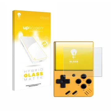 Parte frontal de un envase de producto con el logotipo de la marca upscreen. Al lado se muestra el dispositivo Miyoo Mini V4 c