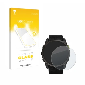 Parte frontal de un envase de producto con el logotipo de la marca upscreen. Al lado se muestra el dispositivo Garmin Enduro 3