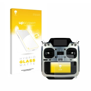 Parte frontal de un envase de producto con el logotipo de la marca upscreen. Al lado se muestra el dispositivo Futaba T26SZ co