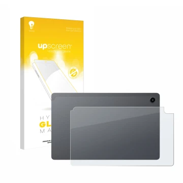 Parte frontal de un envase de producto con el logotipo de la marca upscreen. Al lado se muestra el dispositivo Alldocube iPlay