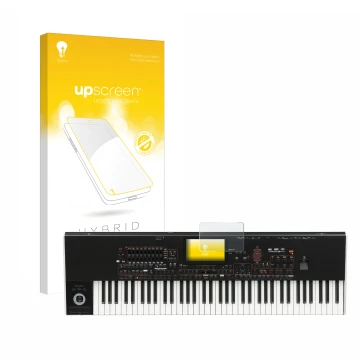Parte frontal de un envase de producto con el logotipo de la marca upscreen. Al lado se muestra el dispositivo KORG Pa4x con s