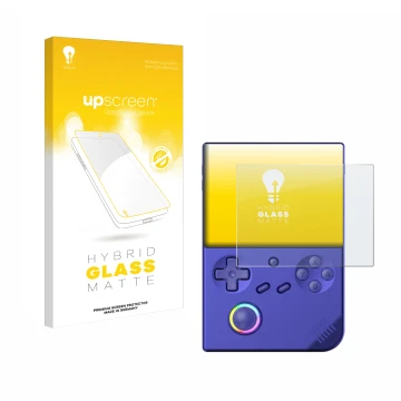 Parte frontal de un envase de producto con el logotipo de la marca upscreen. Al lado se muestra el dispositivo Anbernic RG40XX