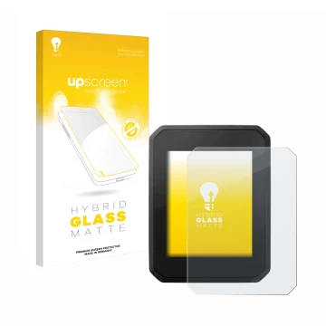 Parte frontal de un envase de producto con el logotipo de la marca upscreen. Al lado se muestra el dispositivo FIT Display Com
