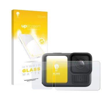 Parte frontal de un envase de producto con el logotipo de la marca upscreen. Al lado se muestra el dispositivo GoPro Hero 13 B