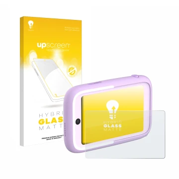 Parte frontal de un envase de producto con el logotipo de la marca upscreen. Al lado se muestra el dispositivo Myfirst Camera 