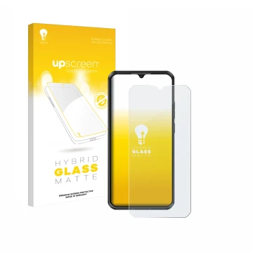 Parte frontal de un envase de producto con el logotipo de la marca upscreen. Al lado se muestra el dispositivo Oukitel WP50 co