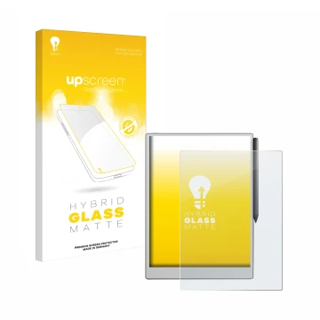 Parte frontal de un envase de producto con el logotipo de la marca upscreen. Al lado se muestra el dispositivo reMarkable Pape