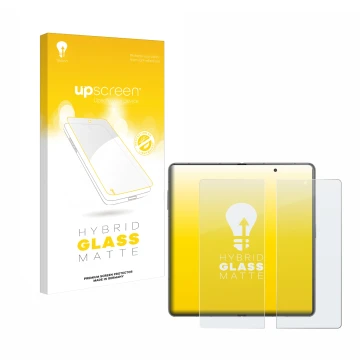 Parte frontal de un envase de producto con el logotipo de la marca upscreen. Al lado se muestra el dispositivo Honor Magic V3 