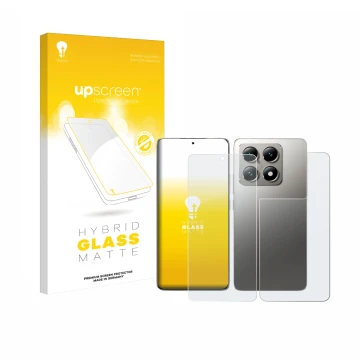 Parte frontal de un envase de producto con el logotipo de la marca upscreen. Al lado se muestra el dispositivo Xiaomi 14T Pro 