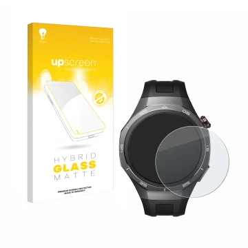 Parte frontal de un envase de producto con el logotipo de la marca upscreen. Al lado se muestra el dispositivo Huawei Watch GT