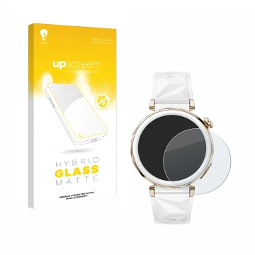 Parte frontal de un envase de producto con el logotipo de la marca upscreen. Al lado se muestra el dispositivo Huawei Watch GT