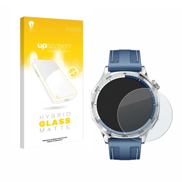 Parte frontal de un envase de producto con el logotipo de la marca upscreen. Al lado se muestra el dispositivo Huawei Watch GT