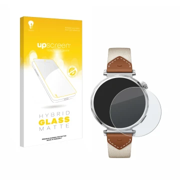 Parte frontal de un envase de producto con el logotipo de la marca upscreen. Al lado se muestra el dispositivo Huawei Watch GT