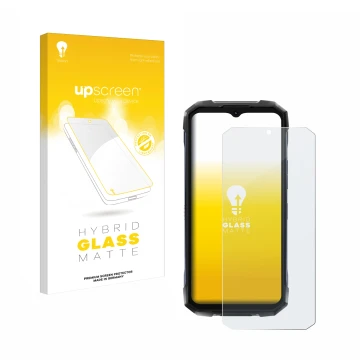 Parte frontal de un envase de producto con el logotipo de la marca upscreen. Al lado se muestra el dispositivo Hotwav Hyper 7 